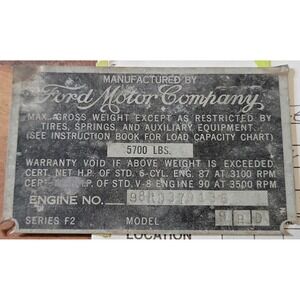 Ford Truck Data Plate x 2 1949 F2 Series V8 Engine 98RD379136